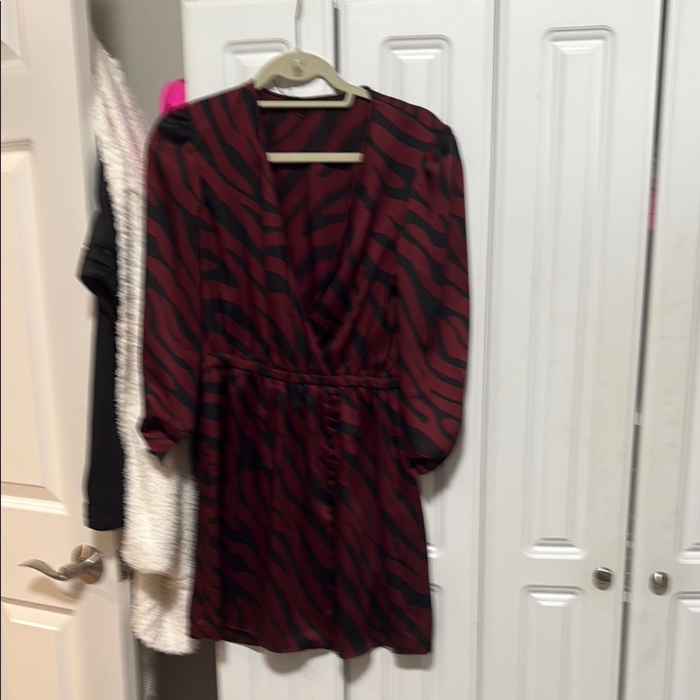 Zara Red Wrap Dress with V-Neck and Bishop Sleeves